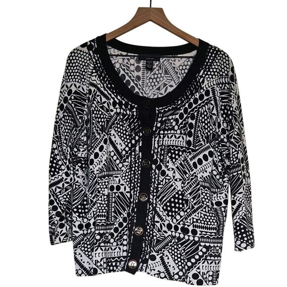 Women's Plus Cable & Gauge Cardigan Sweater 2X Geometric Print Black White Butt - Picture 1 of 5